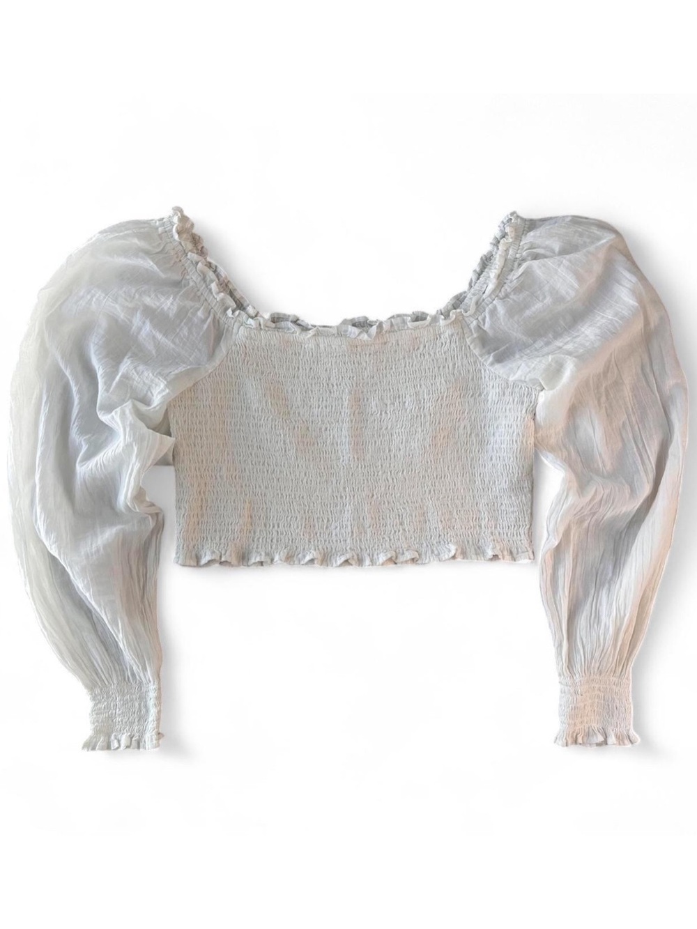 Aerie White Smocked Long Puff Sleeve Crop Top Peasant Cottage Renaissance Large